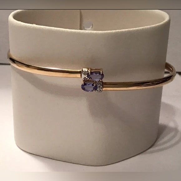 14K Iolite Diamond Bypass Bangle Bracelet - Picture 3 of 11